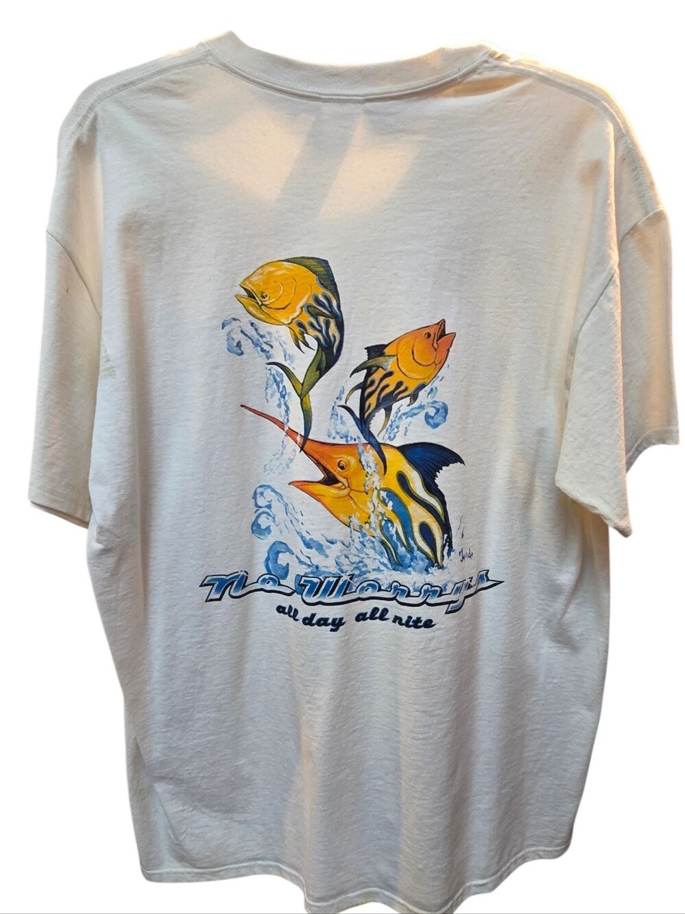 Gildan White Tee with Yellow & Blue Tropical Fish Graphic